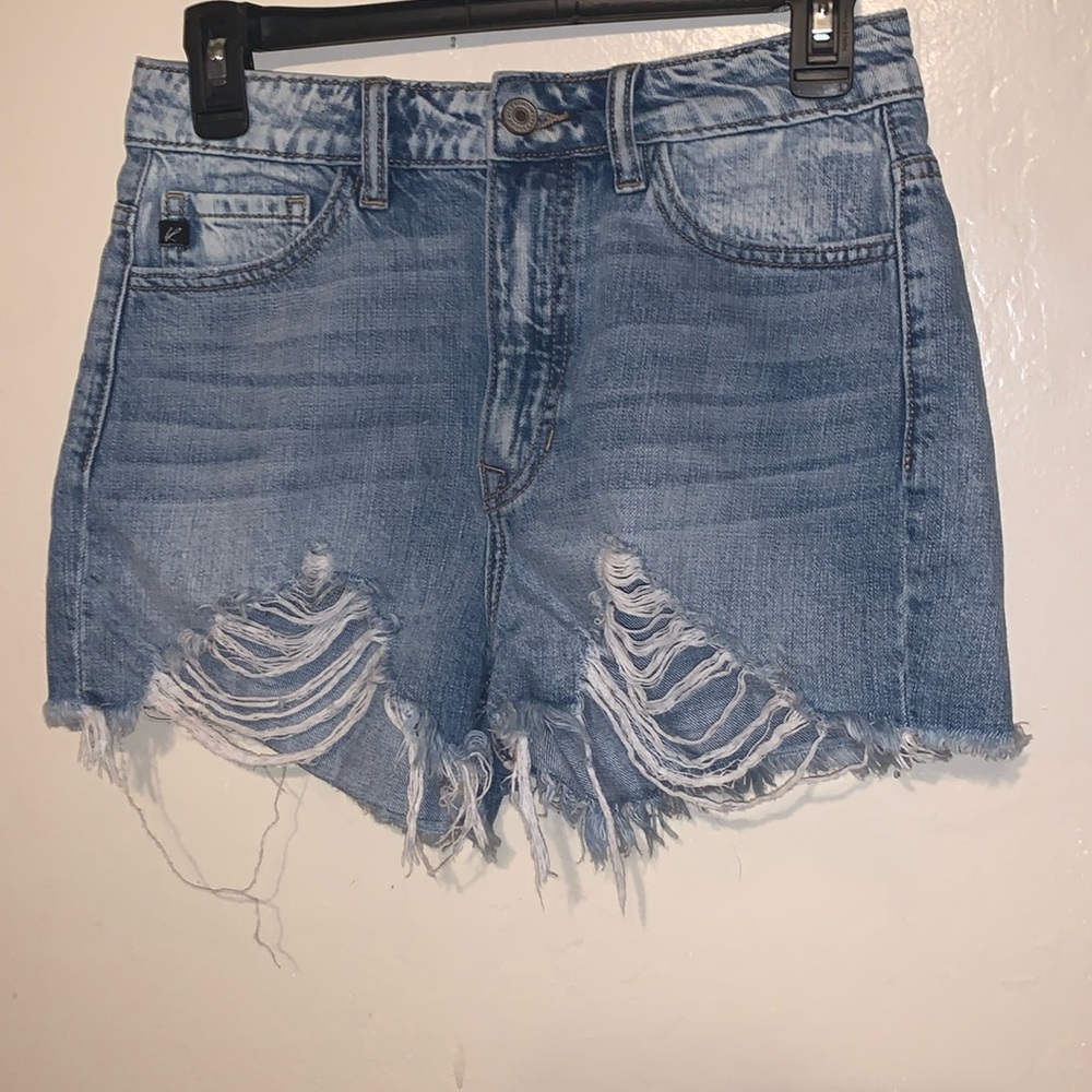 Kancan High-Rise Chew Hem Blue Jean Denim Shorts Womens S